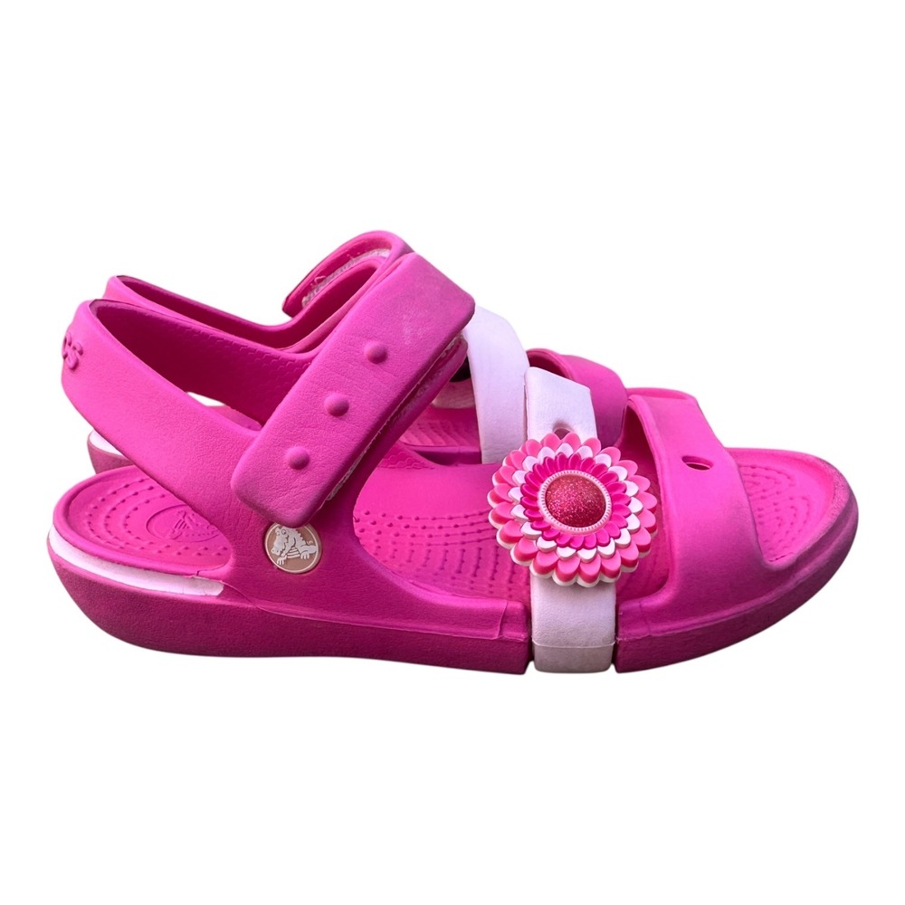 Crocs Kids Lina Sandal Pink White Flower Charm Hook Loop Strap Size 10 Toddler